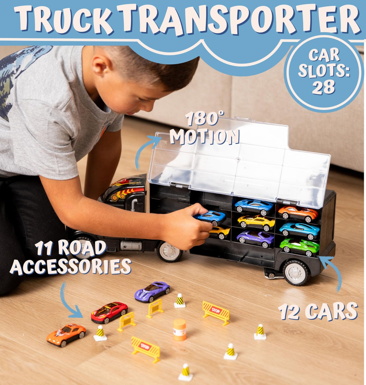 Toy Truck Transport Car Carrier Toy For Boys And Girls Age 3-10 Yrs Old - Hauler Truck Includes 12 Toy Cars And Accessories - Car Truck Fits 28 Car Slots - Ideal Gift For Kids
