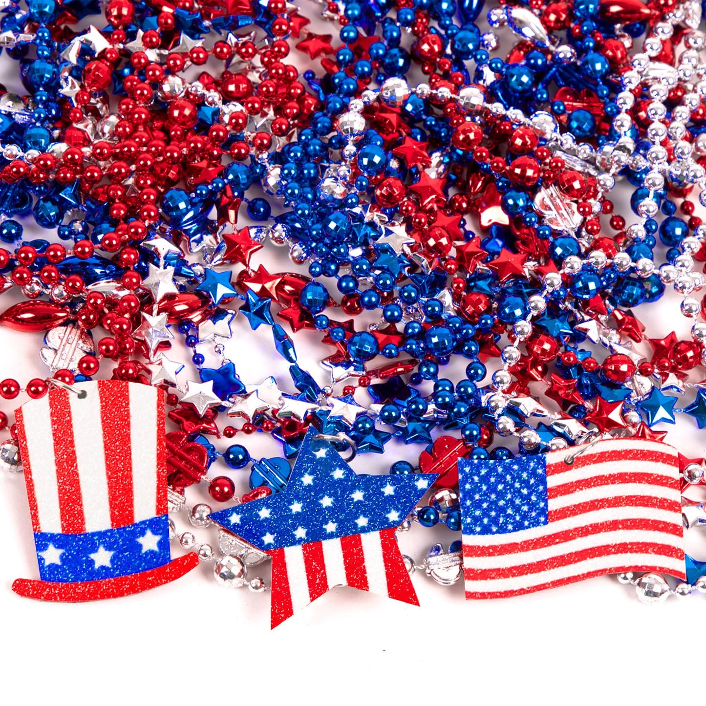 72PCS 4th of July Accessories Necklaces: Blue White and Red Beads Bulk, Patriotic Party Independence Memorial Day Favors Toys De