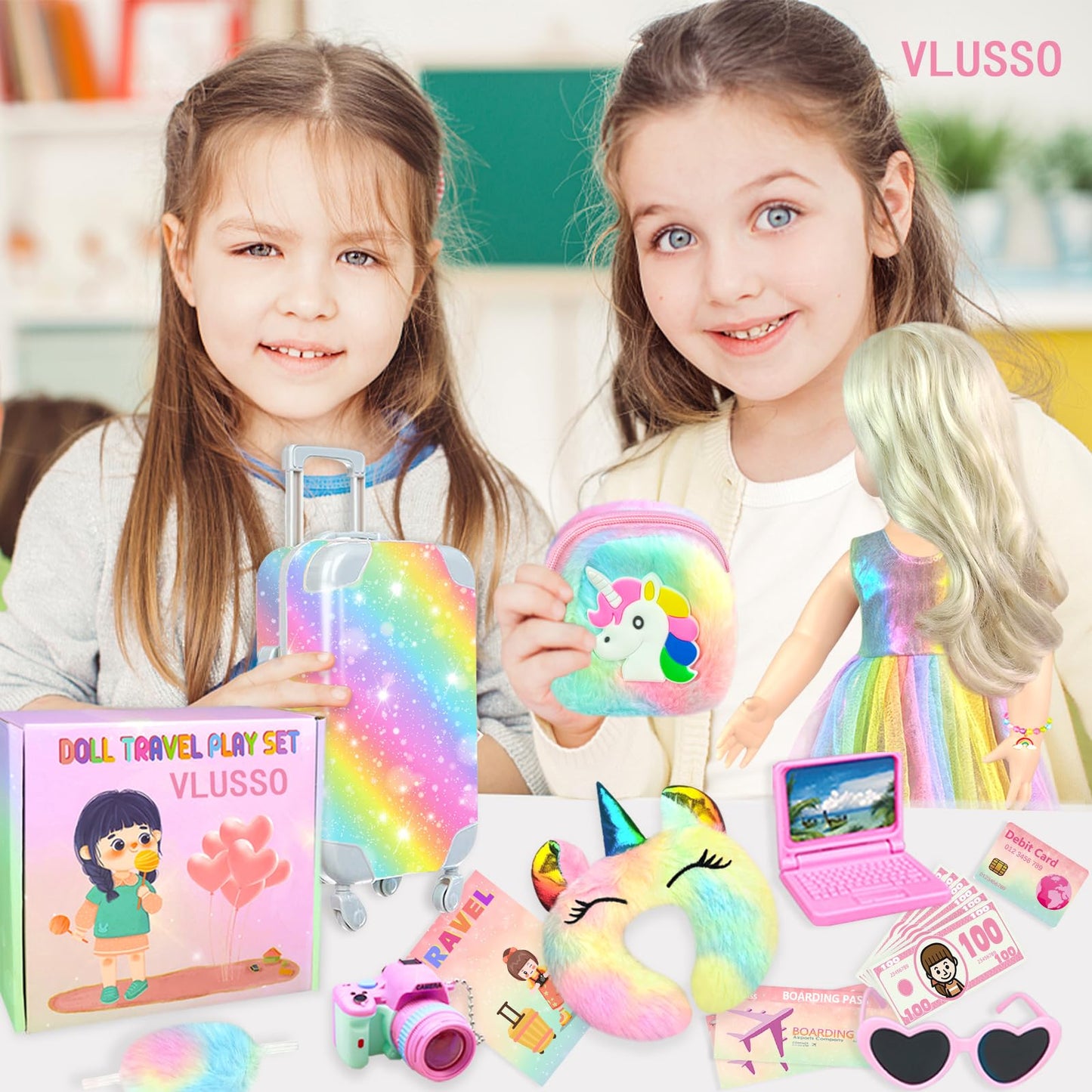 19Pcs 18 Inch Girl Doll Accessories Case Luggage Travel Play Set With Clothes, Camera, Travel Pillow, Bag, Dress, Glasses, Stuff For 18 Inch Doll - Christmas & Birthday Gift