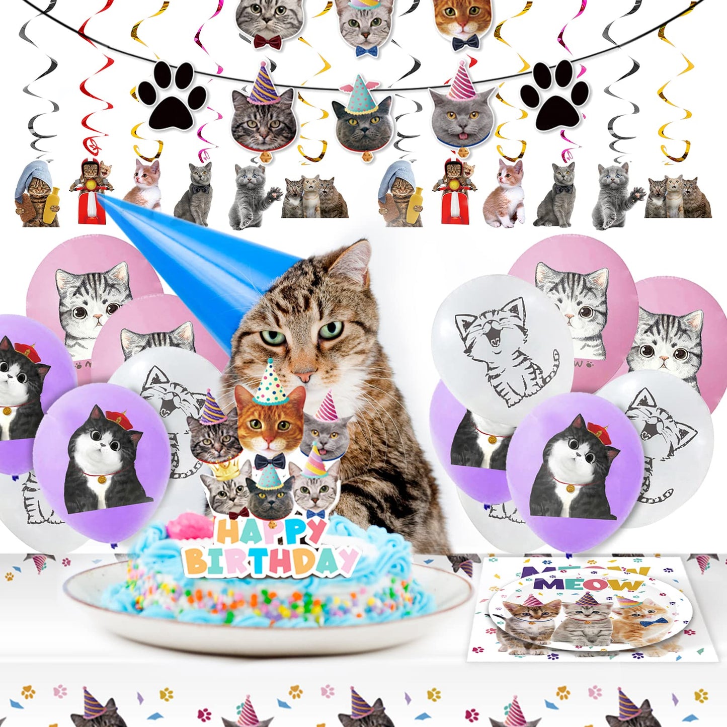Juhap 96Pcs Cat Birthday Party Supplies, Kitten Birthday Decorations Includes Plates, Napkins, Table Covers, Cake Toppers, Ballo