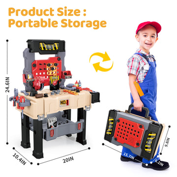 Honeystar Kids Tool Bench - 65 Pcs Realistic Toy Tools, Electronic Drill, Khaki, for Ages 3-5, Model NO.8035A