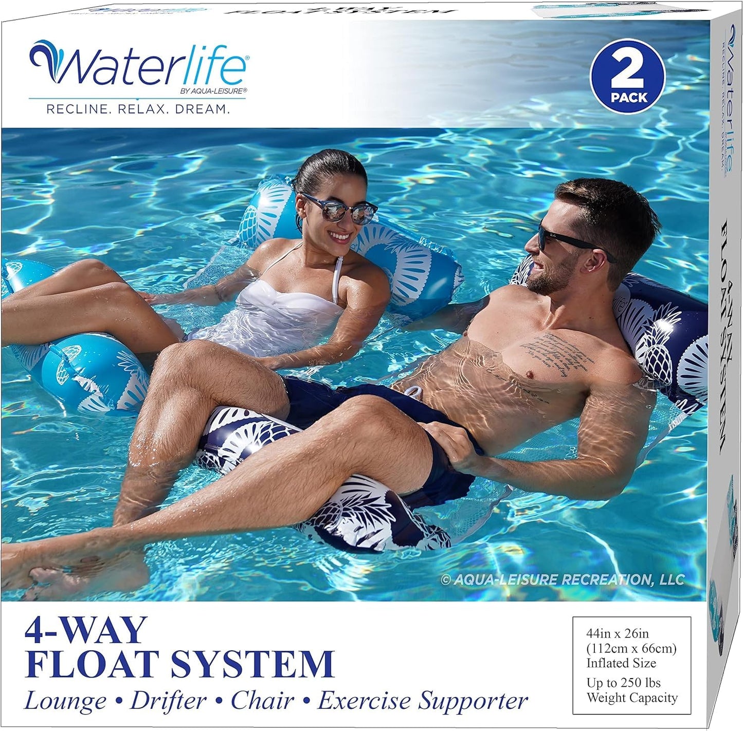 Waterlife 4-In-1 Pool Hammock 2-Pack, Inflatable Pool Chair Float, Water Hammock (Saddle, Lounge Chair, Hammock, Drifter), Navy