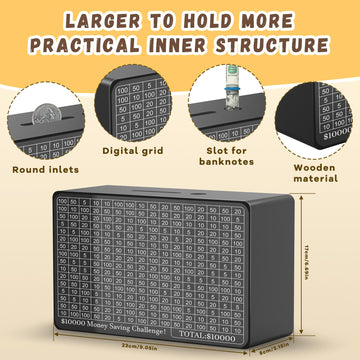 Wooden Money Saving Box, Cash Vault Savings Box For $10000 $5000 $3000 $1000 $800 $500 Target Money Saving Challenge, Reusable M