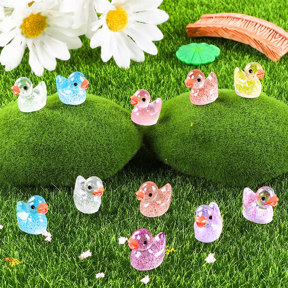 DULEFUN 100pcs Mini Glitter Ducks - Colorful Tiny Resin Animal Figures for Dollhouse, Landscape & Aquarium Decorations, Small Size