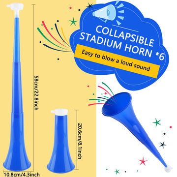 Cagemoga 6 Pieces Collapsible Stadium Horn 24 Inch Plastic Trumpet Horn Stadium Horn Noise Maker For Sporting Events Sports Themed Party Supplies (Blue)