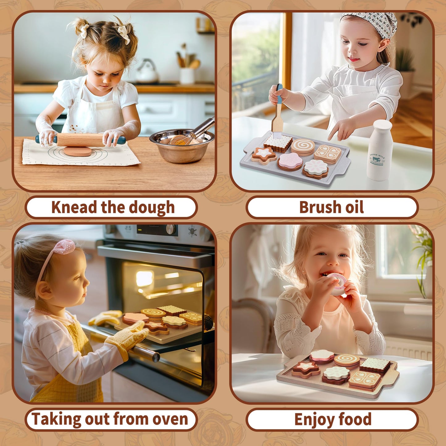 Toywoo Wooden Play Food Set for Kids - Pretend Kitchen Accessories with Shopping Bag & Cutting Toys, Gift for Ages 3-6, White/Brown/Pink