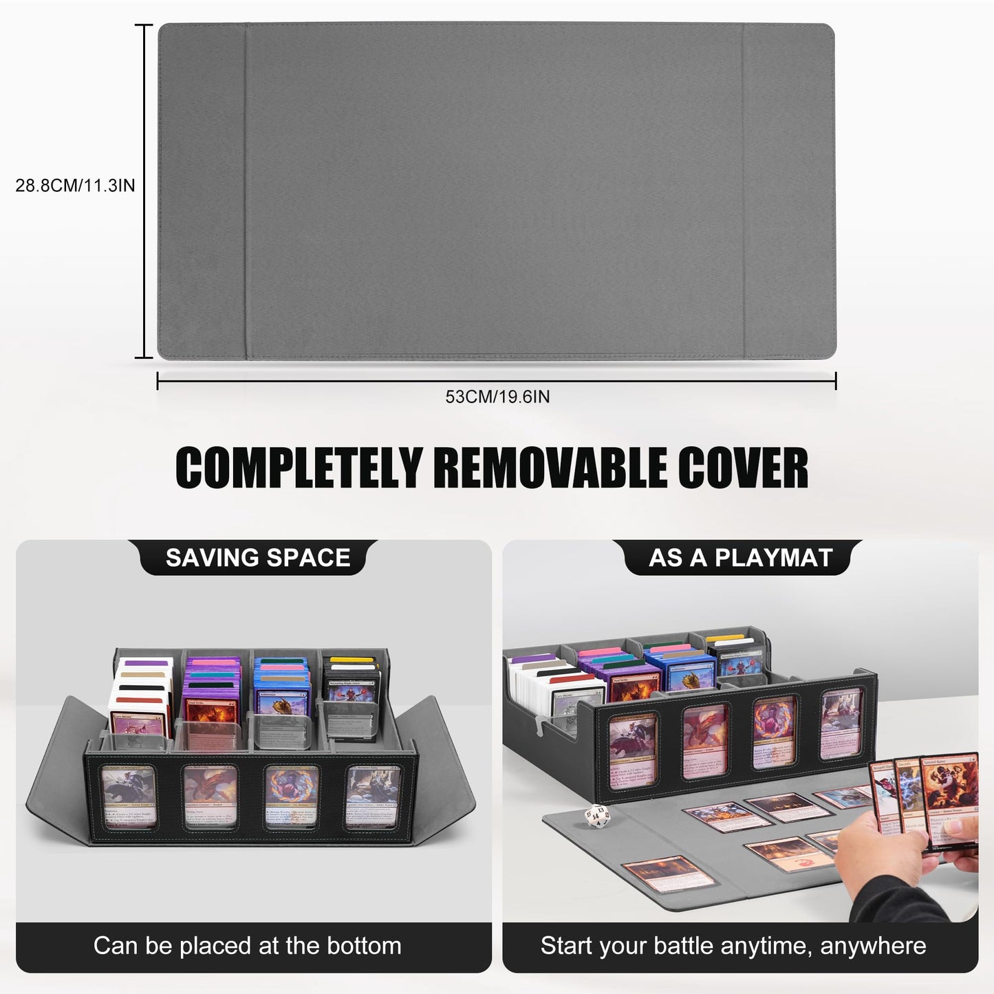 Kabinka Trading Card Storage Box with Commander Display 4-Row Deck Case with Removable Lid; 2400+ Card Deck Box for MTG TCG Sports Card 4 Toploaders 4 Stoppers 24 Dividers 1 Dice Bag (Black)