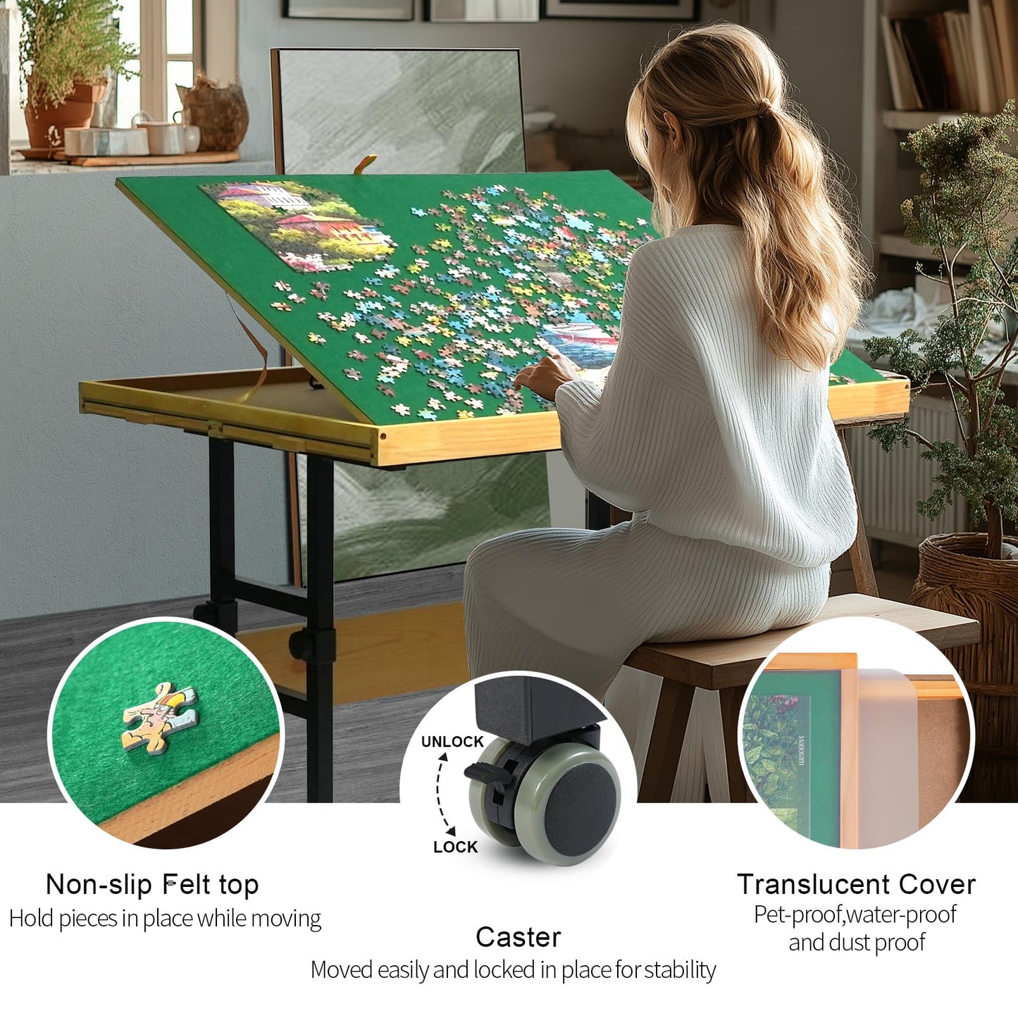 Builderbutler Dual-Layer 25''X34'' Adjustable Puzzle Table With Wheels,3-Tilting-Angle Adjustable Board With 4 Drawers And Cover