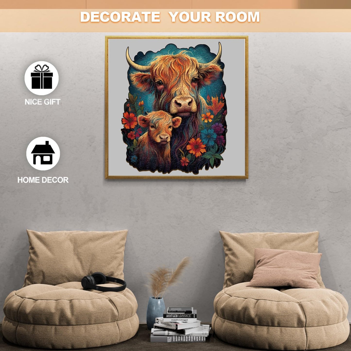 Woodbests Wooden Puzzle For Adults, Highland Cattle Family Puzzle (M, 200Pcs, 9.2'X11.4') Beautiful Wooden Box, Wooden Jigsaw Puzzles Unique Shape, Birthday Gifts For Adults And Kids Family Game