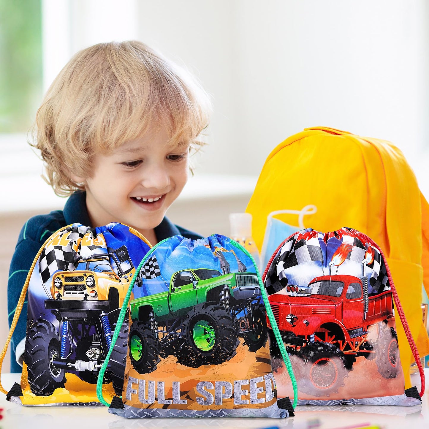 Yinder 16 Pcs Truck Party Drawstring Bags Gift Racing Candy Treats Bags Kids Truck Theme Birthday Party Supplies Decoration