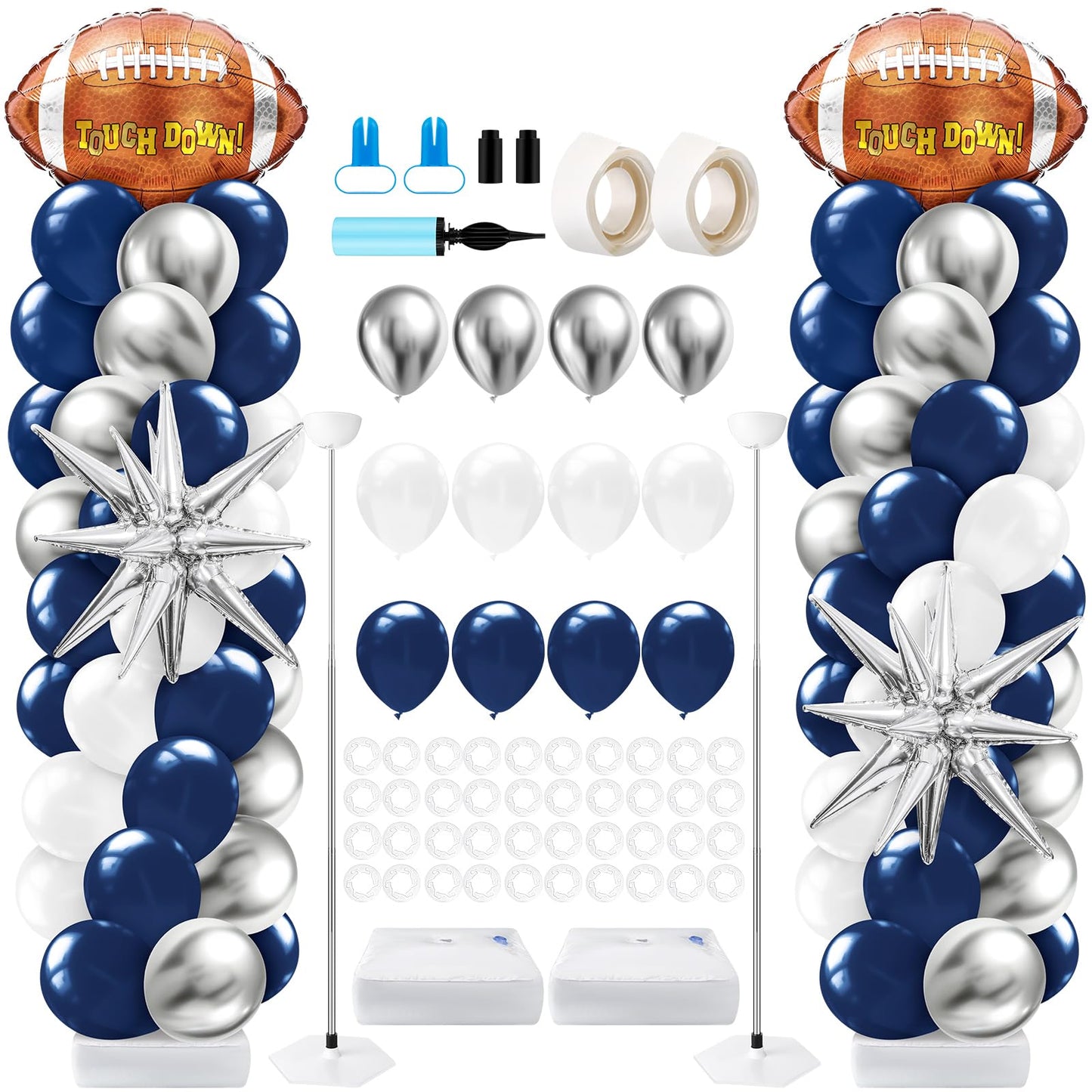 Kasyat 2 Sets Cowboys Football Balloon Column Stand Kit with 4d Football, 100 Latex Navy Blue White and Silver Balloons Arch Gar