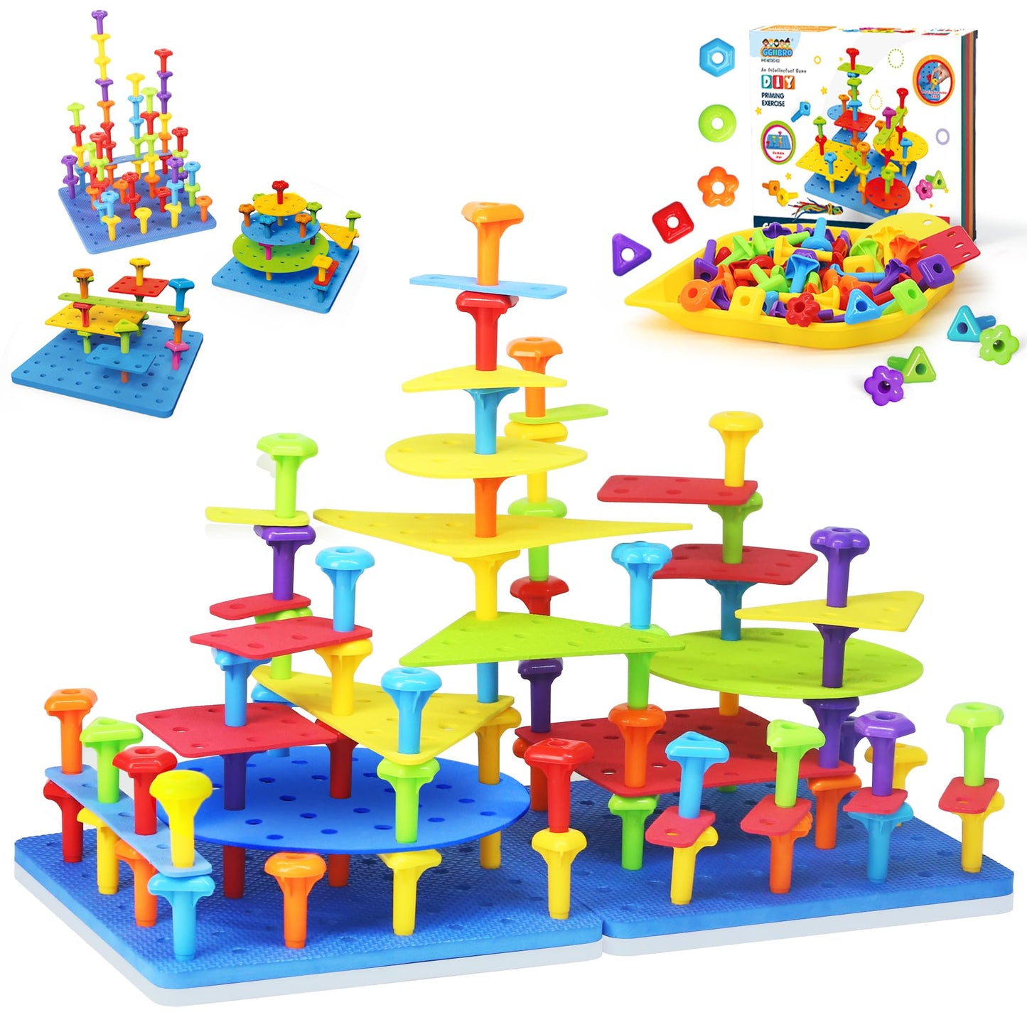 Ggiibro Peg Board Toy Set 101Pcs DIY Building Stacking Toys for Kids 3-6 Years Old,STEM Educational Kids Toy for Brain Developme