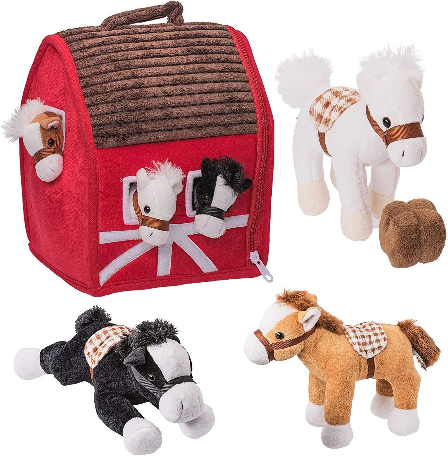 Prextex Plush Farm House With Soft And Cuddly 5' Plush Horses, Farm Boy, And Farm House Barn House Carry Along Case