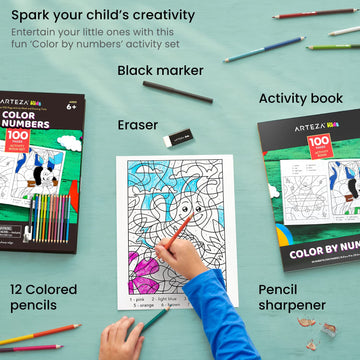 Arteza Kids Activity Book, Color by Numbers Coloring Book, 8.5 x 11 Inches, School Supplies for Ages 6 and Up, 50 Sheets, 12 Dou