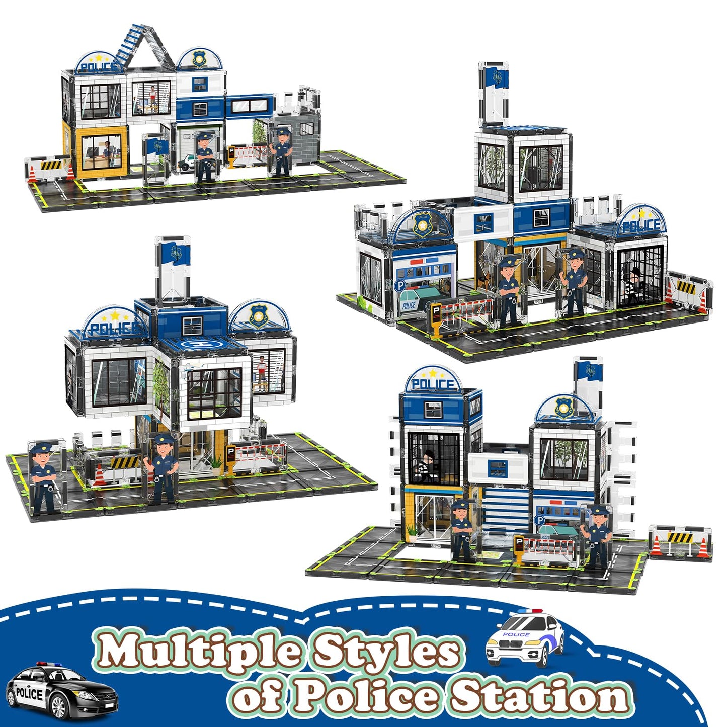AFUNX Magnetic Tiles, 50PCS Police Station Theme Building Blocks Set, Magnet Building Blocks and STEM Preschool Toys for Toddler