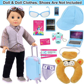 Zita Element 22 Pcs 18 Inch Boy Doll Clothes Suitcase Set For 19 Inch Boy Doll Accessories Travel Carrier Storage, Including Suitcase Pillow Blindfold Sunglasses Camera Computer