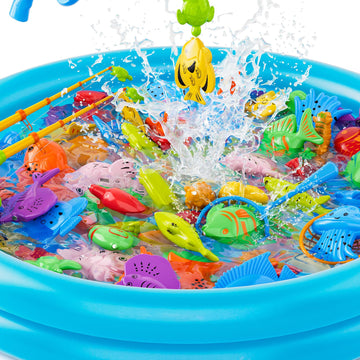 Magnetic Fishing Pool Toys Game For Kids Toddlers 3-5 4-8, Water Table Bathtub Toy With Inflatable Pool Pole Rod Net Plastic Flo
