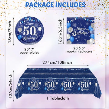 Navy Blue And Silver 50Th Birthday Paper Tableware Happy Birthday Party Plates Napkins And Plastic Table Covers For Men Women 50