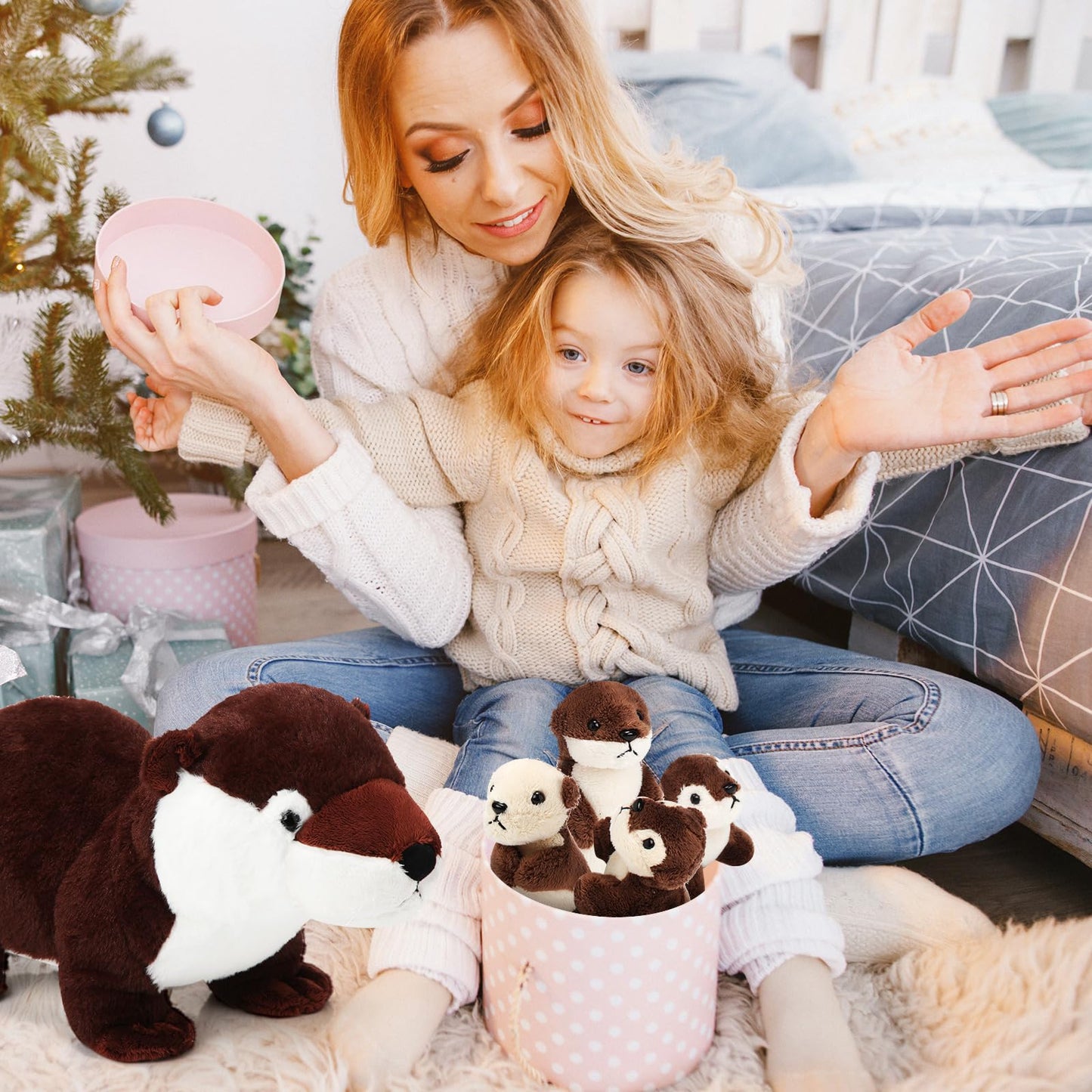 Poen 5 Pcs River Otter Stuffed Animals Set 22 Inch Mommy Otter Plush With 4 Cute Babies In Belly Soft Cuddly Zippered River Outt