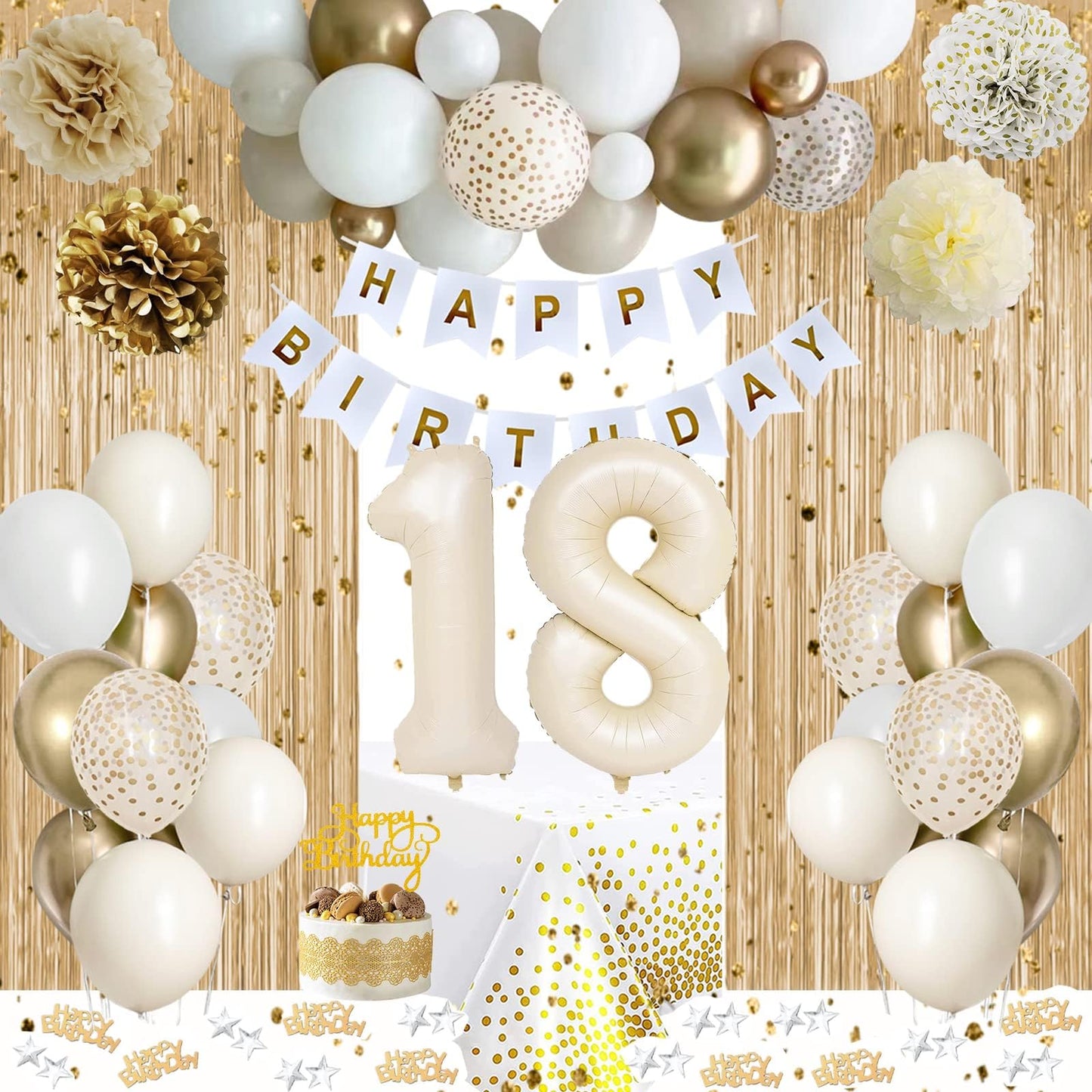 18Th Birthday Decorations For Girls, Gold Happy 18Th Birthday Decorations White And Gold Balloons Happy Birthday Banner Tableclo