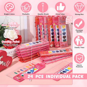 Watersay 24 Packs Valentines Heart Watercolor Paint Set for Kids 8 Washable Colors with Brushes Water Color Painting Kit for Pre