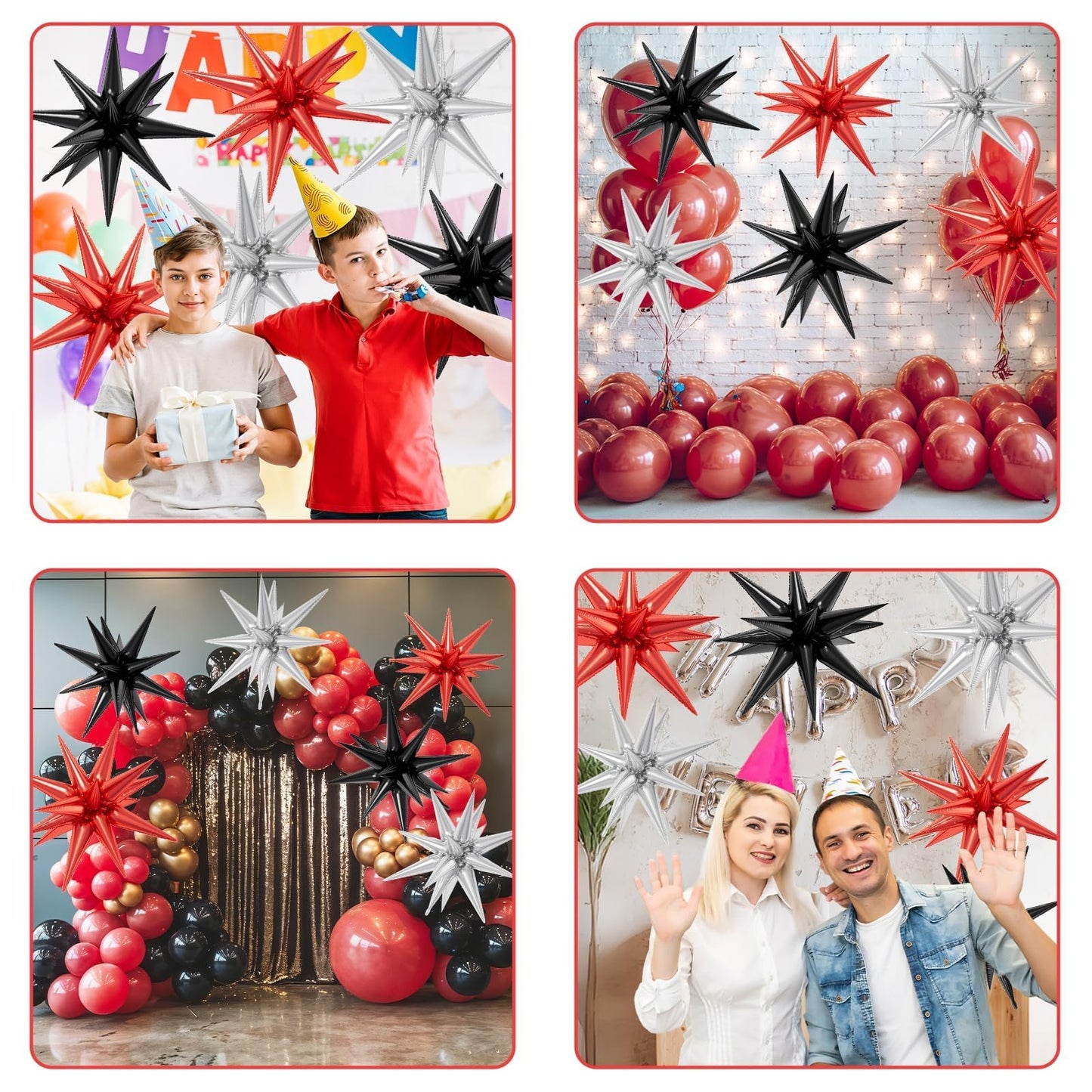 6PCS Star Balloons, 22Inch Large Black Red Silver Star Balloon Foil Balloons for Birthday Graduation Wedding Anniversary Party B