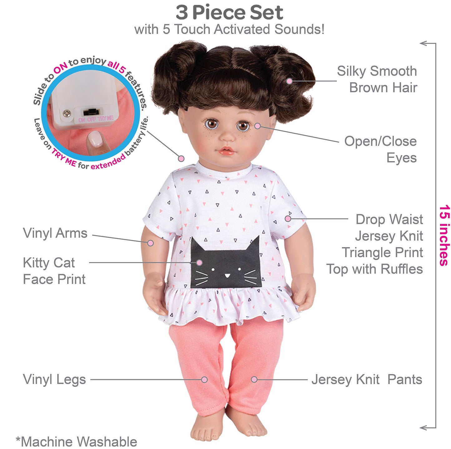 Adora My Cuddle & Coo Babies Collection, 15' Baby Doll With Sweet Powder Scent And 5 Touch Activated Sounds: She Cries, Coos, Giggles, Kisses Back & Says Momma Birthday Gift For Ages 3+ - Kitty Kisses