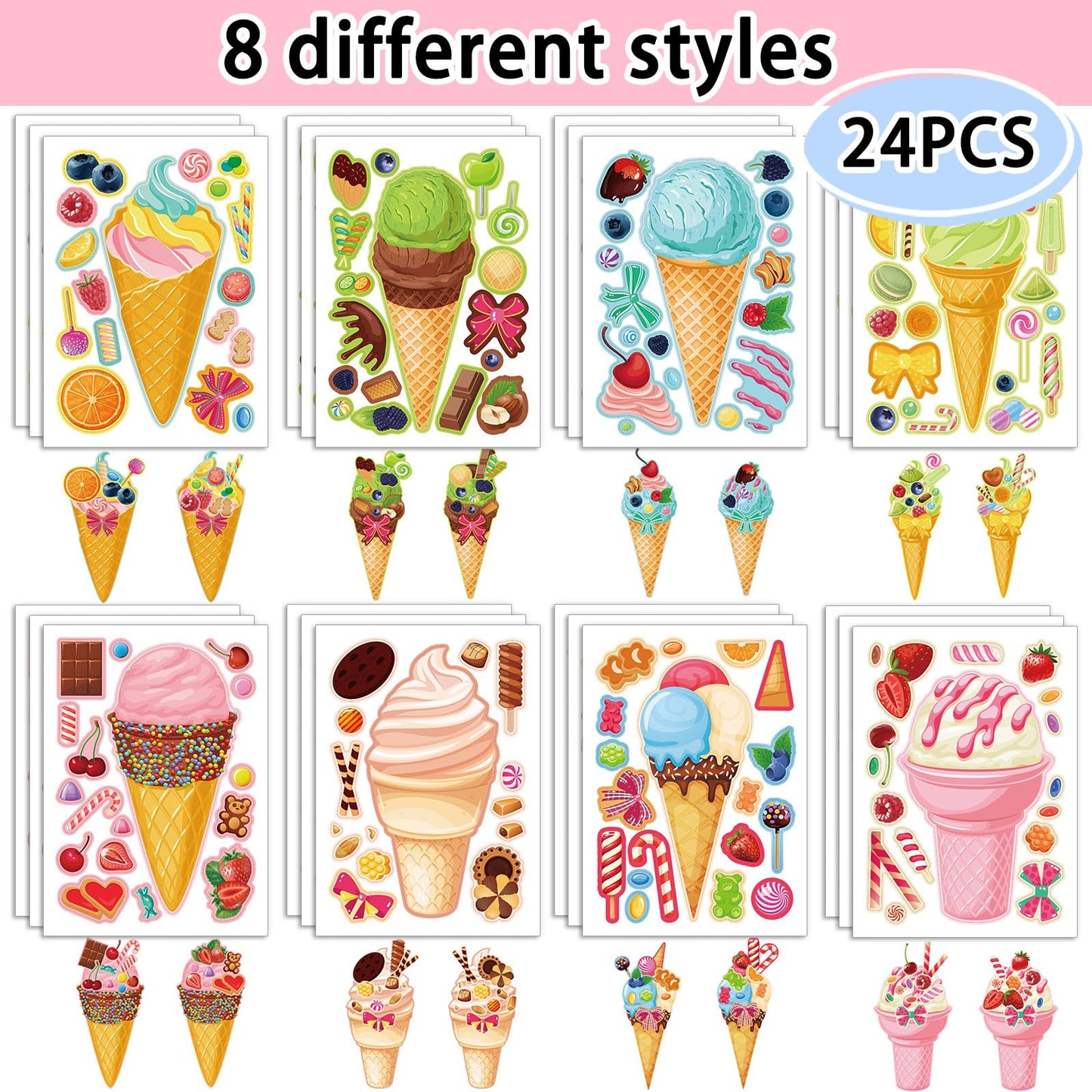 24 Sheets 8.3'' 5.9'' Make Your Own Ice Cream Stickers For Toddlers Kids Party Favors, Make A Face Stickers For Kids Activities