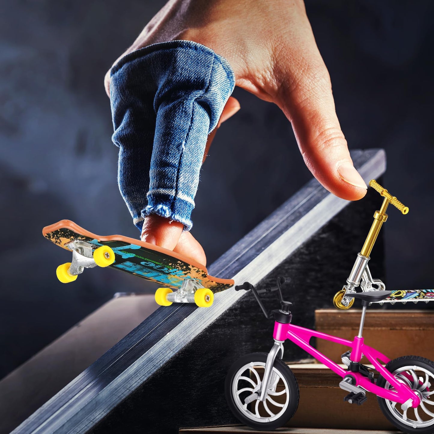 Skylety 31 Pieces Mini Finger Toys Set For Boy Girl Includes 6 Finger Skateboards, 4 Finger Bikes, 2 Mini Scooters 4 Swing Board 8 Matched Wheels 7 Tool Accessories Educational Toy Party Favor(Novel)