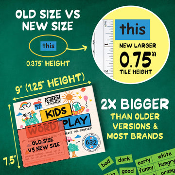 Poetry Tiles Kids Word Play Fridge Magnets – 632 Color-Coded Magnet Words, .75" Tall, Yellow, for Sentence Building and Imagination
