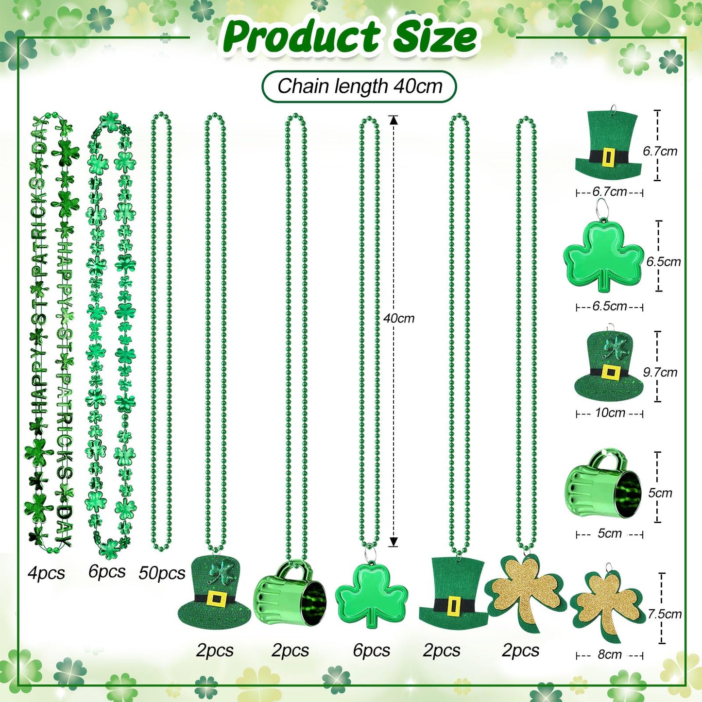 Elefama 74Pcs St Patricks Day Beads Necklaces Bulk With Shamrock Mug Hat Clover Pendant Green Beads Necklace St Patricks Day Acc