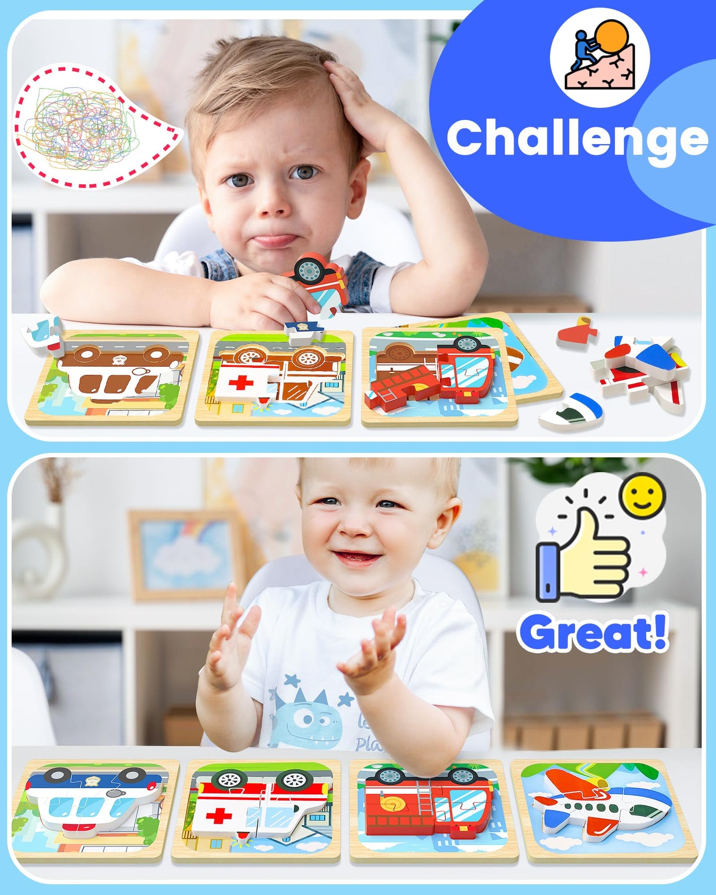 Benresive Wooden Toddler Puzzles, Montessori Toys For 1 2 3 Year Old Boys, Toys For 1 2 3 Year Old Boy Birthday Gifts, 4 Pack Ve