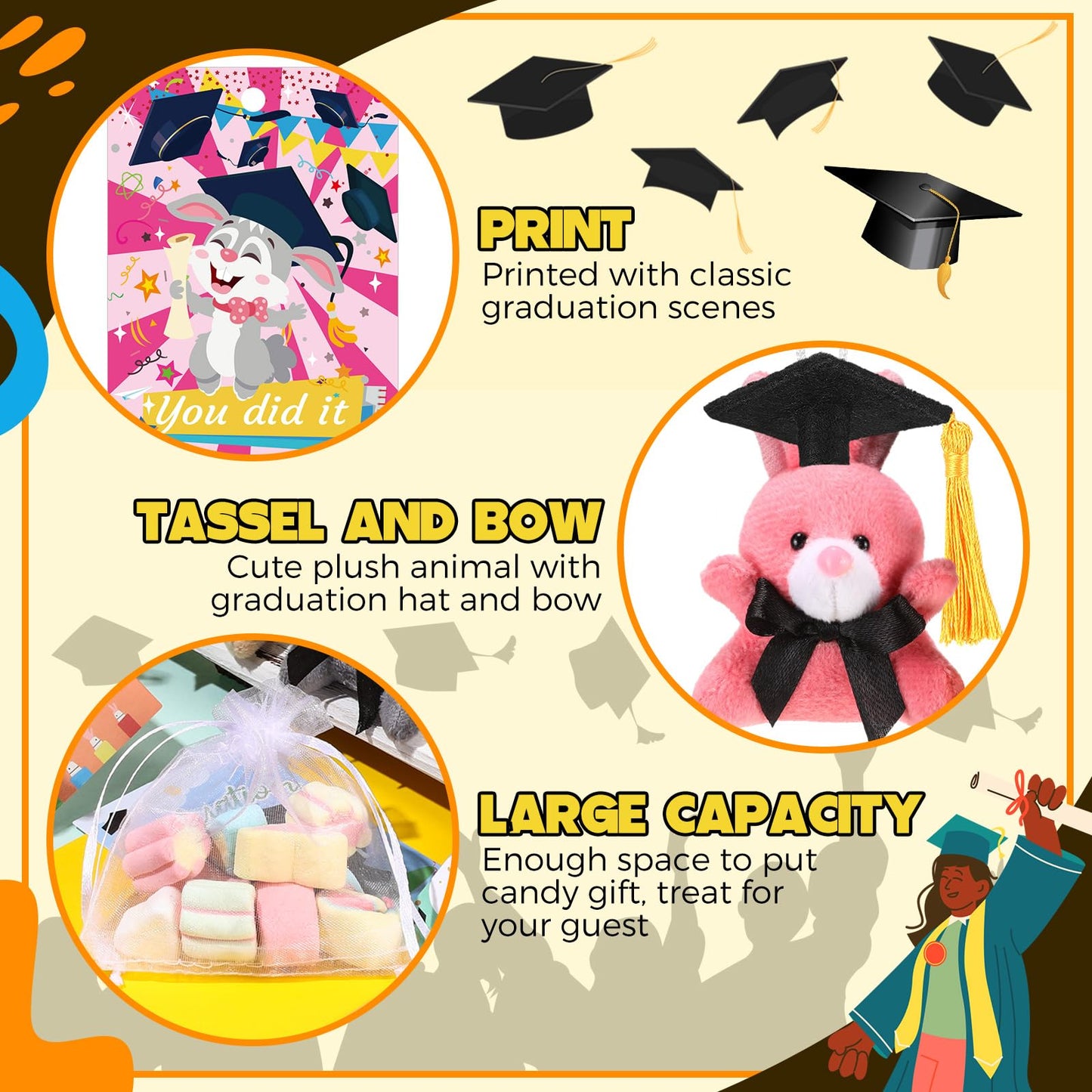 Hanaive 48 Set Graduation Mini Stuffed Animal Bulk 3 Small Plush Animal Toy With Grad Gift Card And White Organza Bag Grad Ca