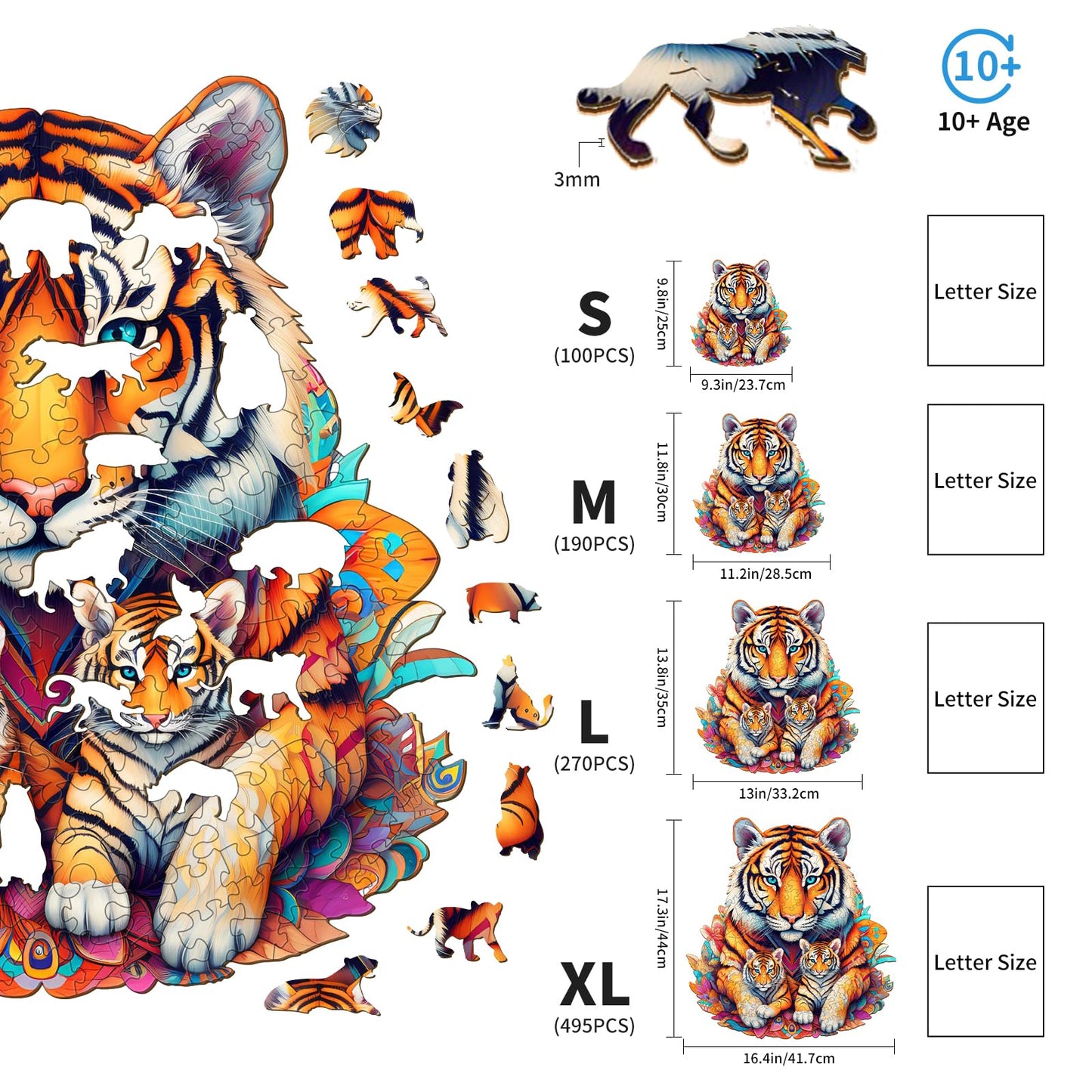 Woodemon Wooden Puzzles For Adults, Tiger Family (L-270Pcs) Wooden Jigsaw Puzzles Kids, 13 * 13.8In Unique Shaped Animal Wood Puzzles Adults, Xmas Christmas Puzzle Birthday Gift Family Puzzles Game