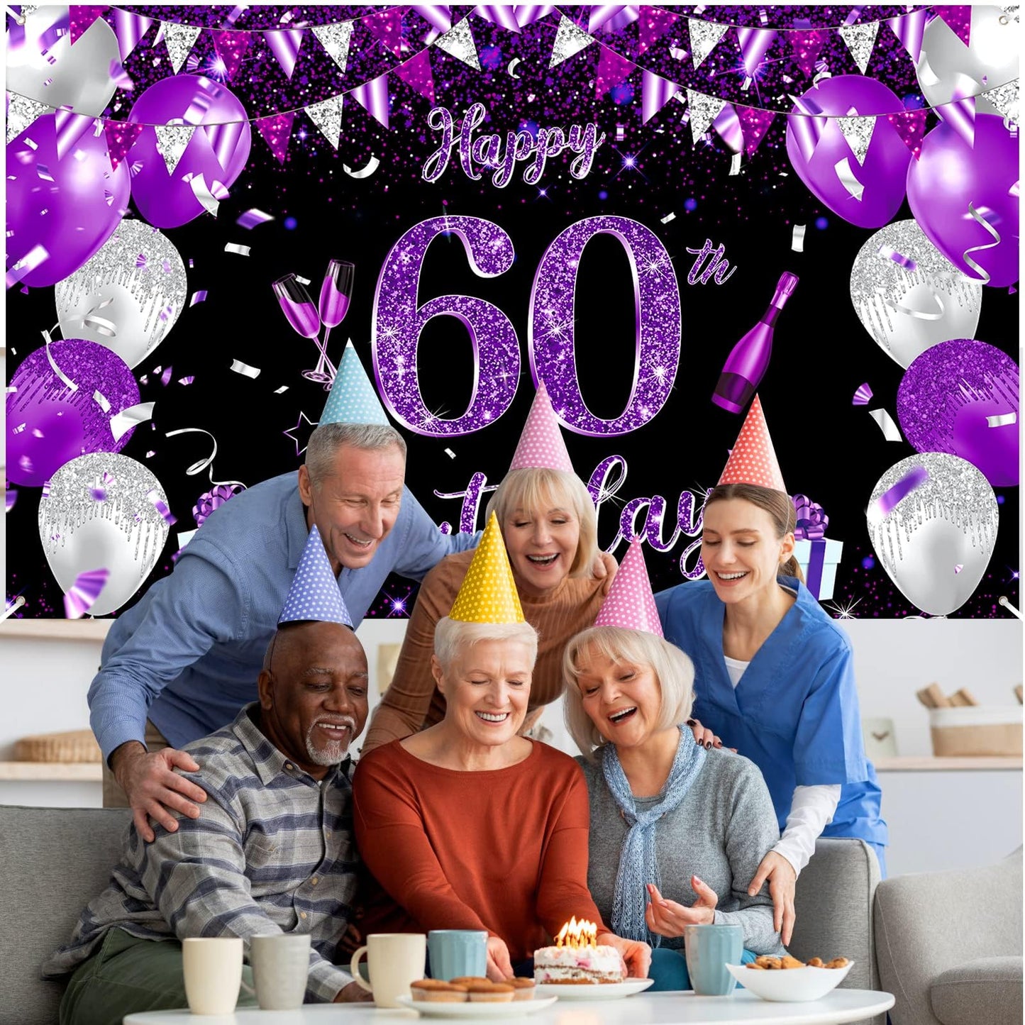 Purple 60Th Birthday Decoration Banner For Women Large Black Purple Silver Happy 60Th Birthday Banner Purple And Black 60Th Backdrop Background For 60Th Birthday Anniversary Party Supplies