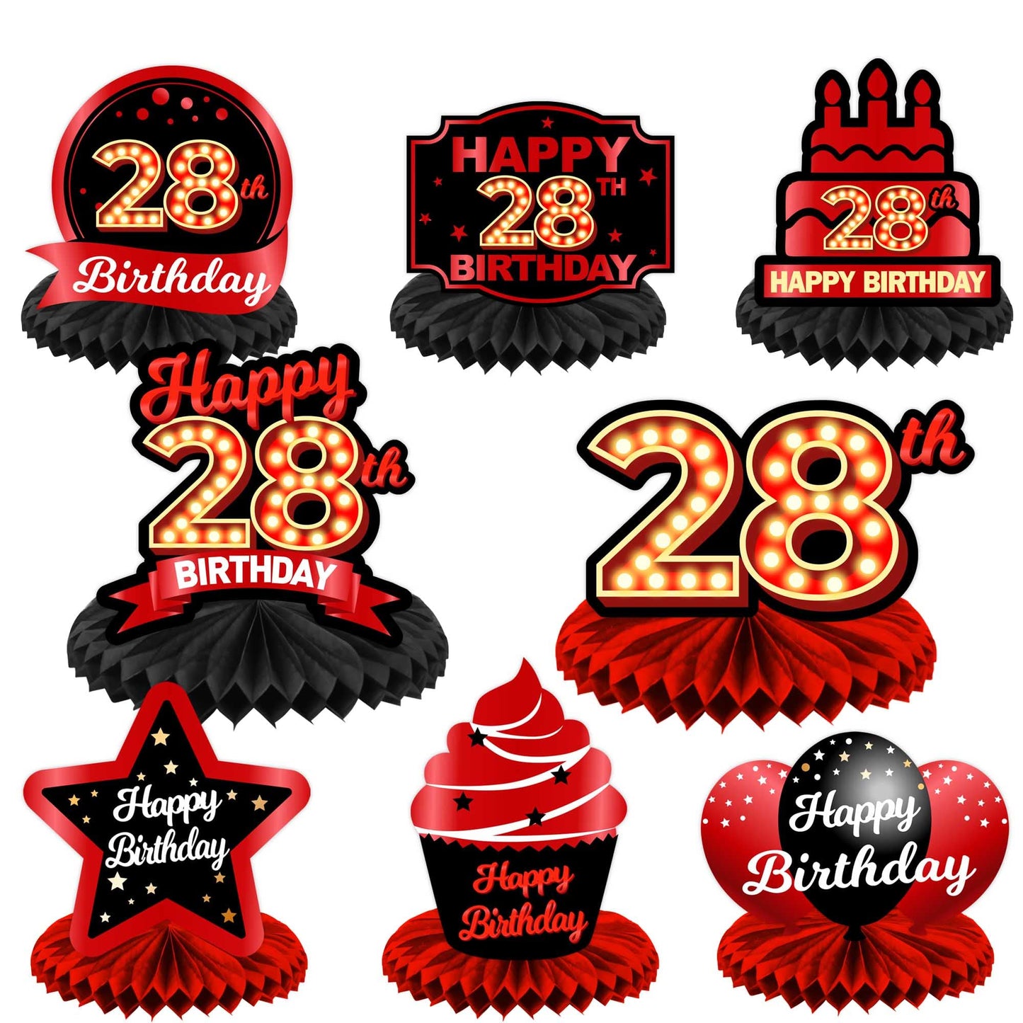 Happy 28Th Birthday Red And Black Table Honeycomb Centerpieces Balloons Theme Decor Table Decorations Table Toppers For Girls Women Princess 28 Years Old Birthday Party Bday Supplies Background Gold