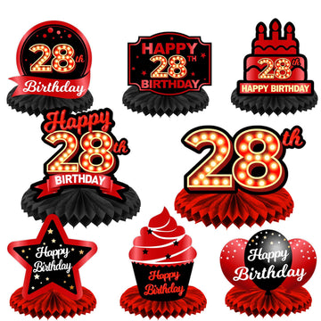 Happy 28Th Birthday Red And Black Table Honeycomb Centerpieces Balloons Theme Decor Table Decorations Table Toppers For Girls Women Princess 28 Years Old Birthday Party Bday Supplies Background Gold