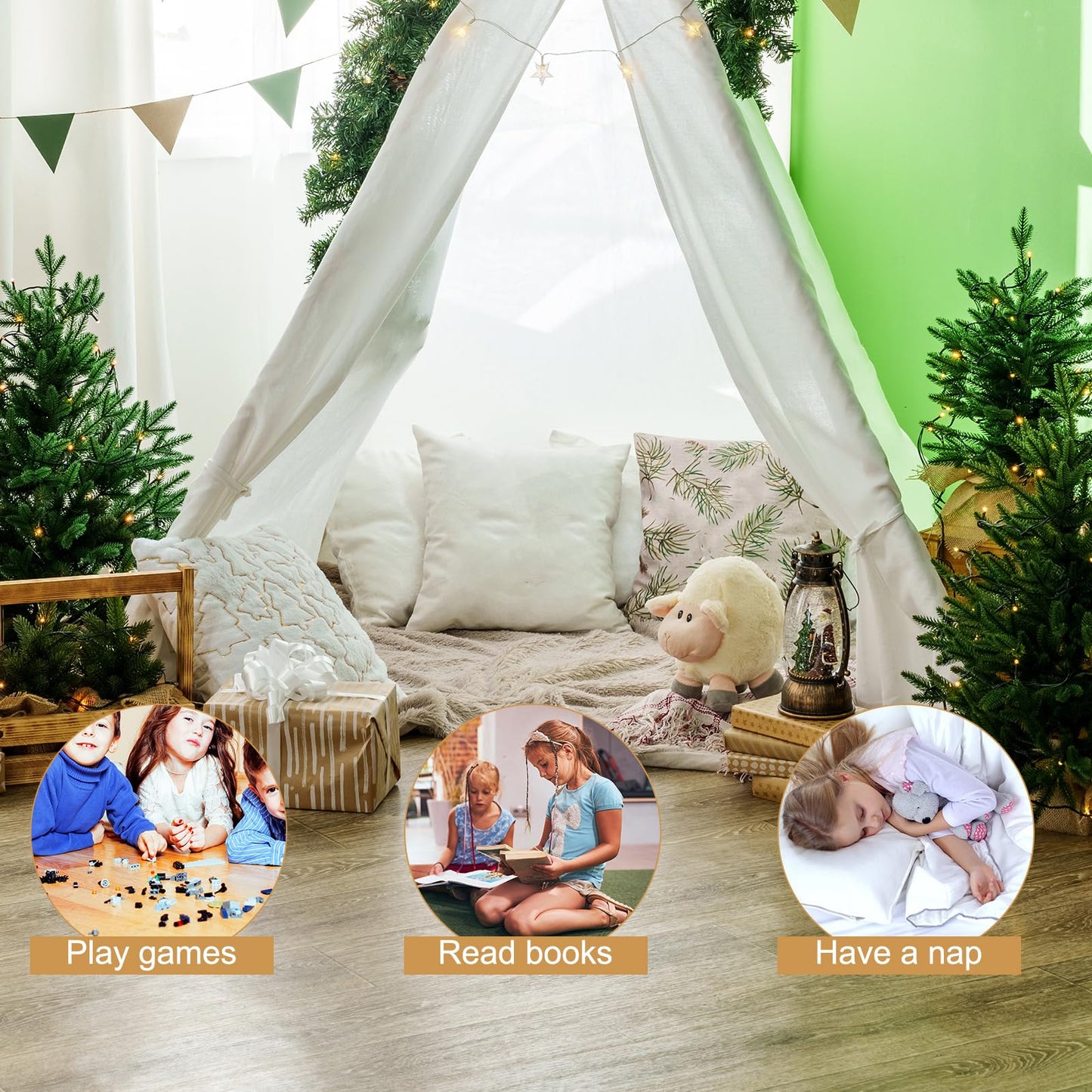 Mbjzsl 6 Packs Teepee Tent For Kids With 10Ft String Lights, Indoor Outdoor Play Teepee Tent For Girls & Boys, Foldable Tents Fo