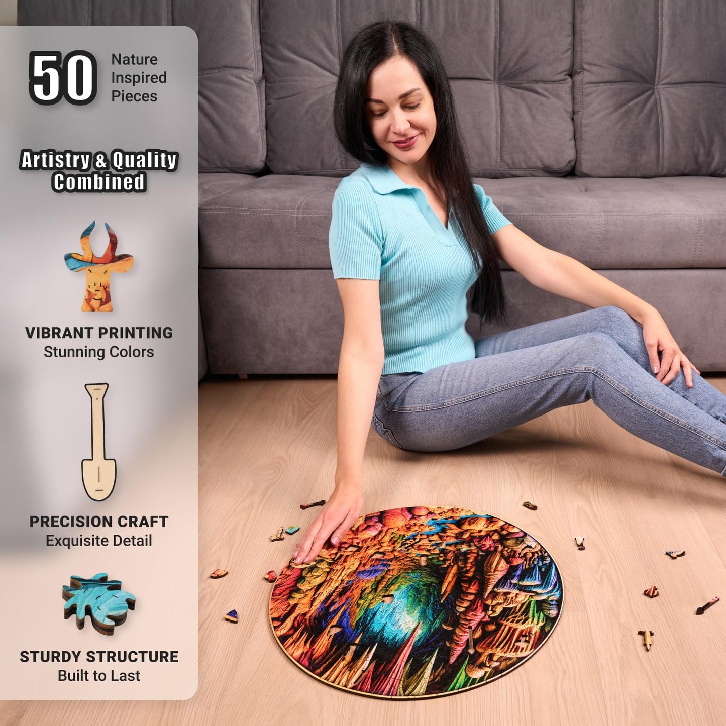 Cavernous Spectrum - 500 Piece Wooden Puzzles for mature-themeds - 18 x 17.9 in - Extra-Thick 5 mm Wood Puzzle Hand-Shaped Pieces Round XL Mosaic Design - enhanced Gift for Puzzle Lovers by LEOGOR