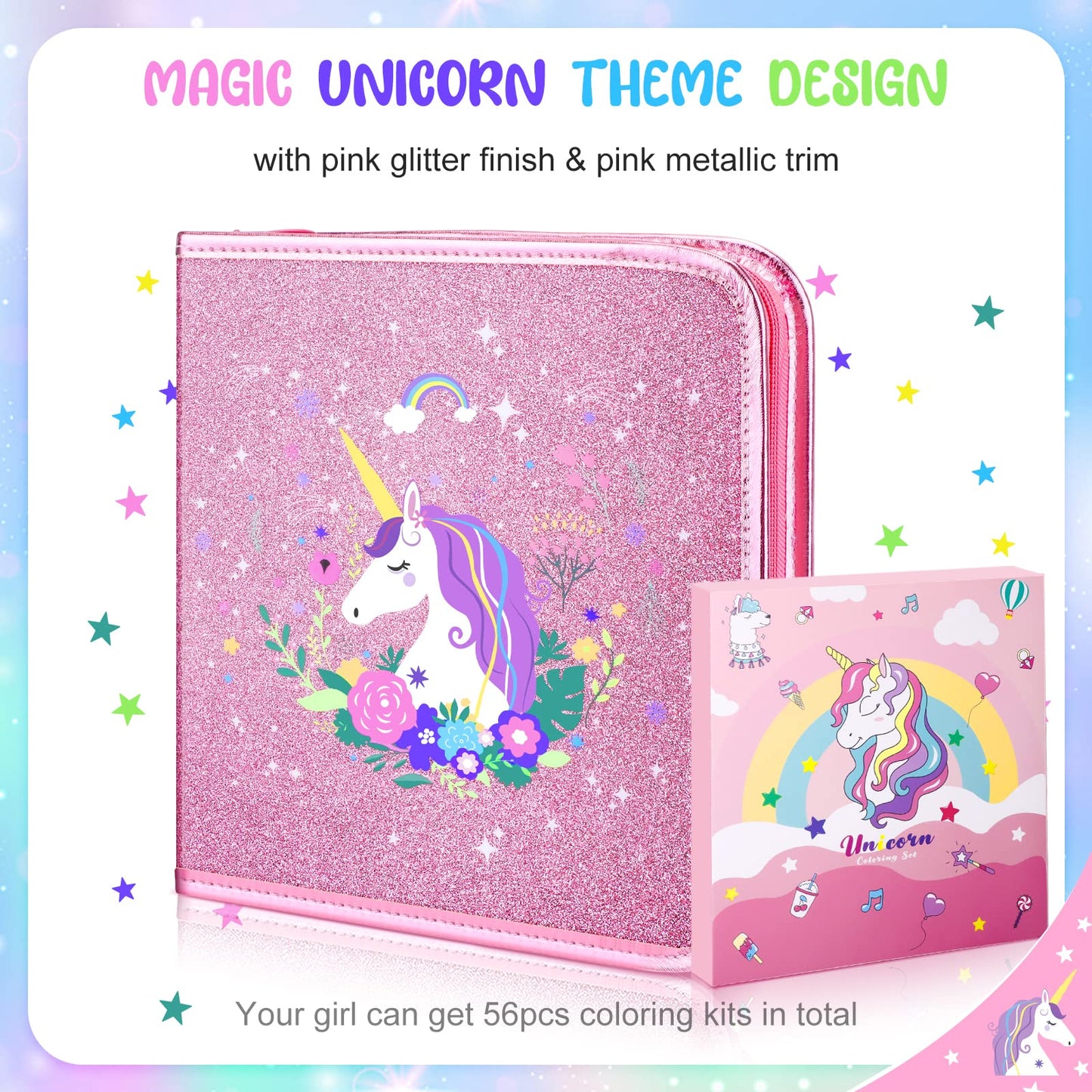 56 Pc Fruit Scented Marker Set With Glitter Unicorn Case, Art Supplies Kit For Kids Ages 4-8