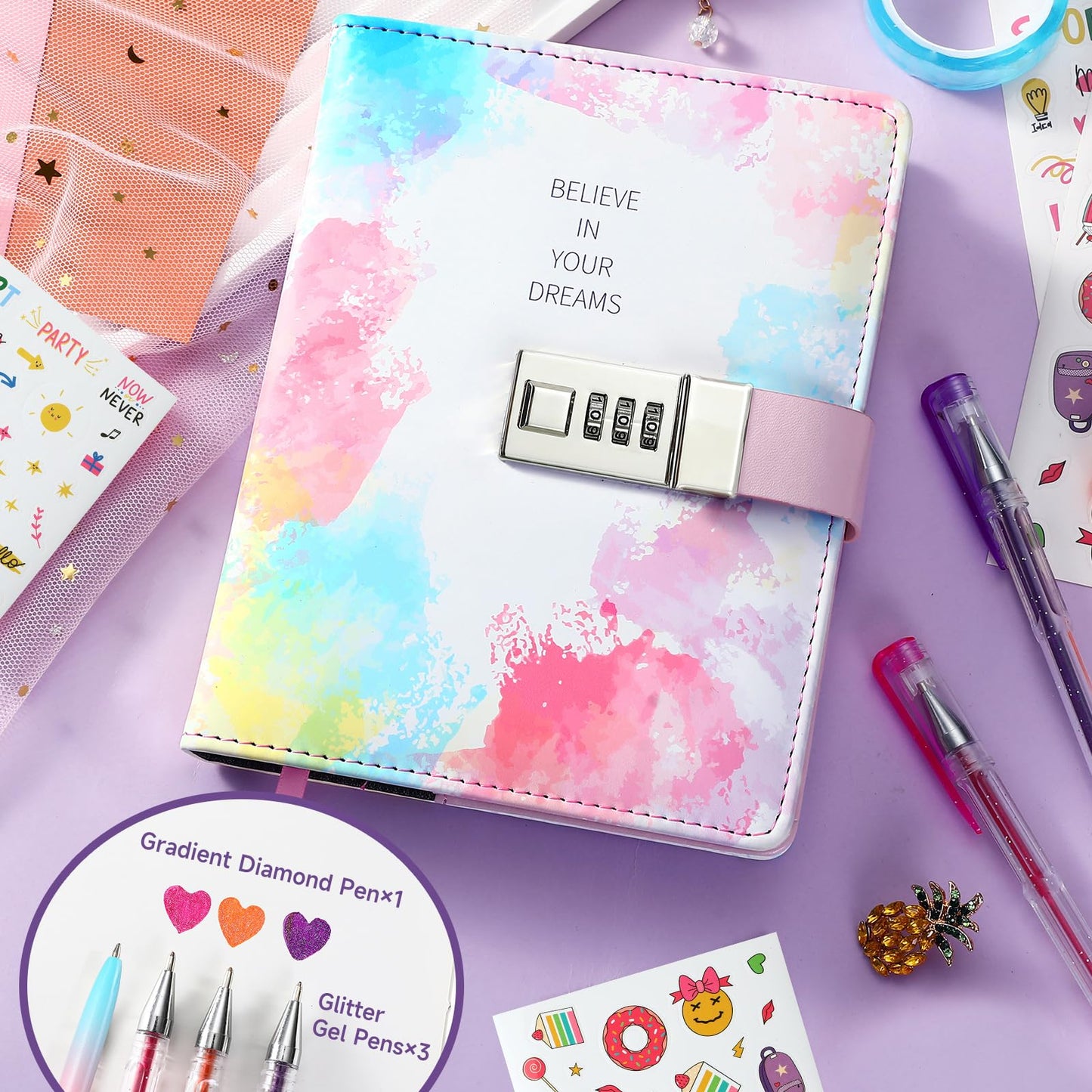 Sicbanna Diary With Lock For Girls Ages 8 9 10 11 12 Year Old, Kid Secret Notebook Locked Diary With Pens, 256 Pages Trendy Watercolor Journal With Lock For Teen Girls 8-12 Birthday Gift