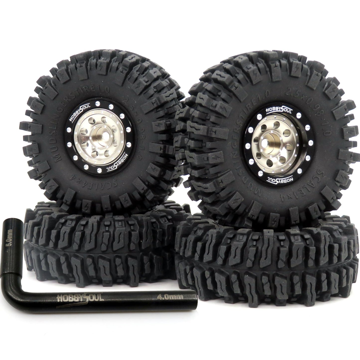 HOBBYSOUL RC 64 * 25mm 1.0 Mud Slingers Tires Soft Sticky Tyres & Heavy 1.0 beadlock Wheels Adjustable Offset Rims for RC Rock C