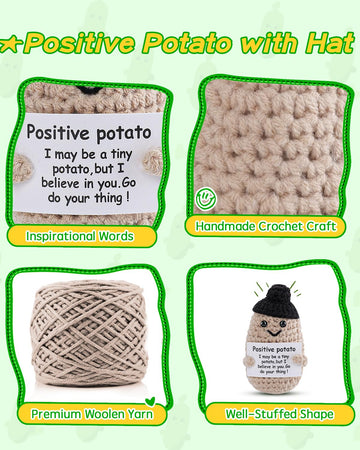 Jelutar Mini Funny Positive Potato, 3 Inch Knitted Doll With Positive Card For Cheer Up Gifts And Party Decorations, Cute Positive Potato Crochet Doll For Birthday Gifts (Potato With Black Hat)