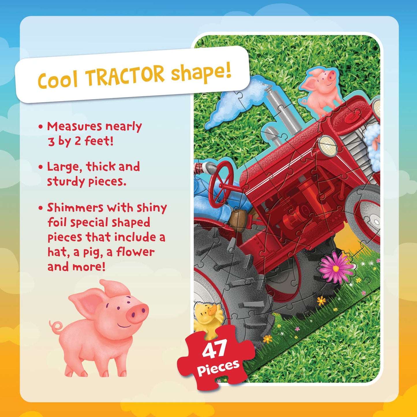 Peaceable Kingdom Shiny Tractor Floor Puzzle – Giant Tractor Puzzle For Kids Ages 3 & Up – Fun-Shaped Puzzle Pieces – Great For Classrooms