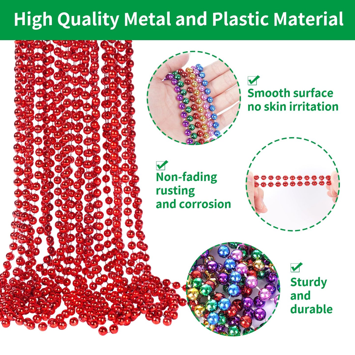 YAXINRUI 33 Inch 7 mm Metallic Red Bead Necklaces, 15pcs Mardi Gras Beads Bulk Round Beaded Necklaces Costume Necklace for Mardi