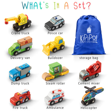 Kipipol 10 Pcs Wooden Train Set Accessories, Toddler Car Toys, Fits Thomas, Brio, Ikea, Melissa And Doug, Stocking Stuffers For Kids, Train Toys Gifts For Toddlers And Kids Ages 4-8 And Up