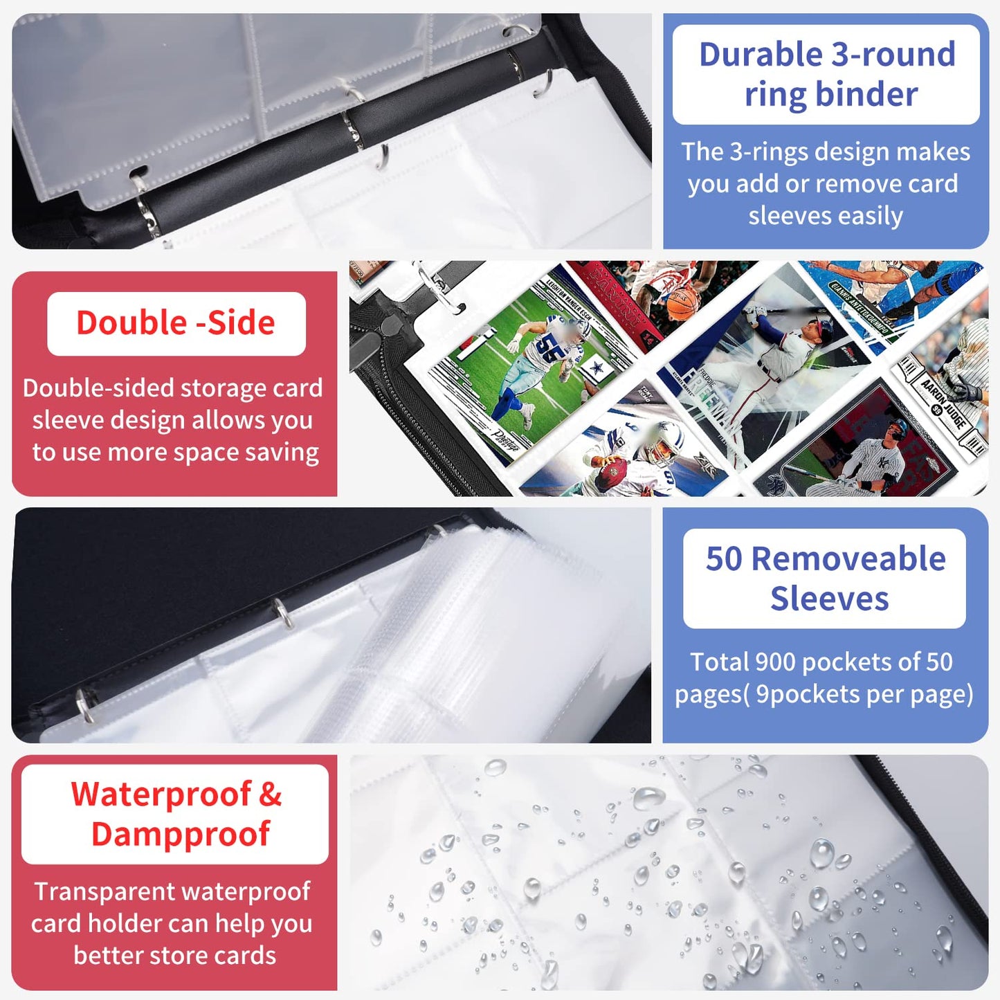 Hesplus Trading Card Binder, 900 Pockets Sleeves With Zipper, Double Sided Pocket Pu Card Collection Binder, Collector Card Albu