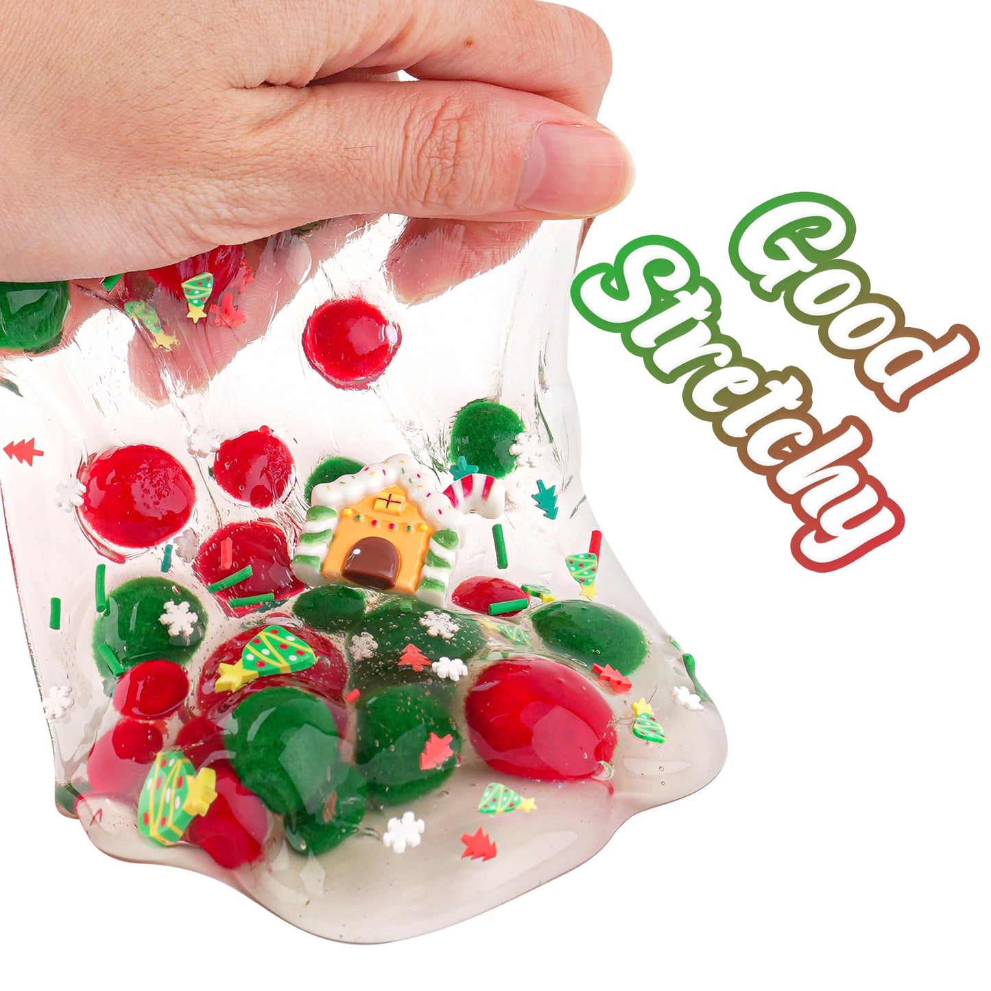 Gingerbread House Green & Red Pom-Poms Clear Slime, Good Stretchy Premade Slime, Slime Party Favors For Kids, Sensory Toys Girls