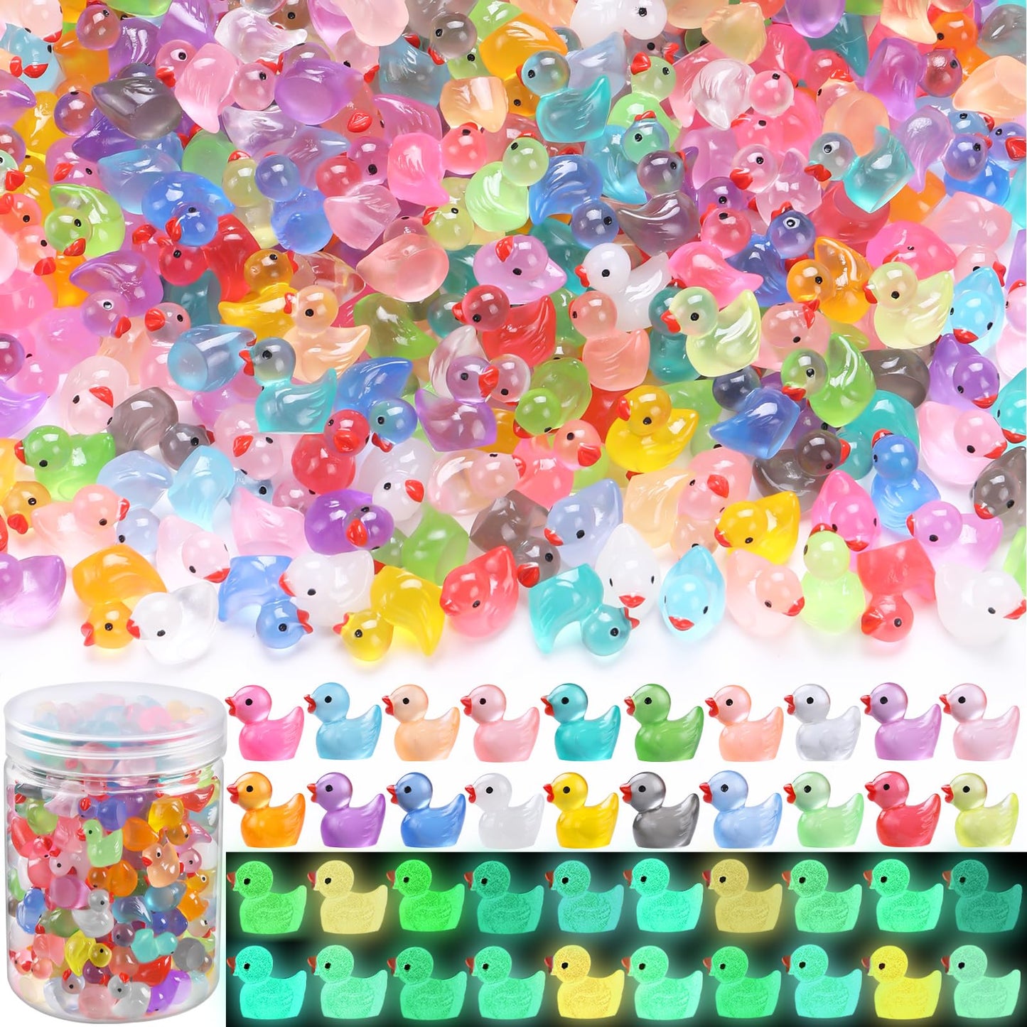 Dulefun 200Pcs Luminous Mini Resin Ducks 20 Colors Small Tiny Little Duck Figurines To Hide Glow In The Dark Miniature Figures F
