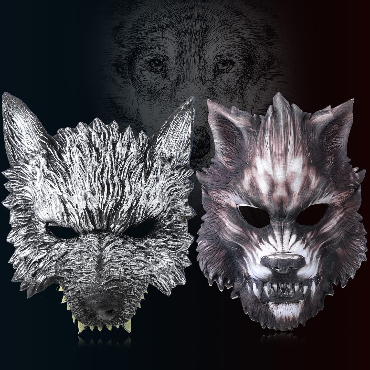 2 Pecies Wolf Mask Halloween Half Face Werewolf Mask Animal Masquerade Mask for Cosplay Costume Party Stage Performances and Oth